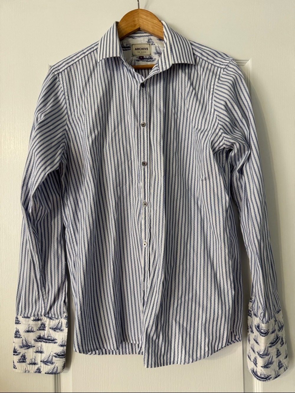 Ted Baker Archive Blue Striped Shirt with Contrast Nautical Cuffs Size 16